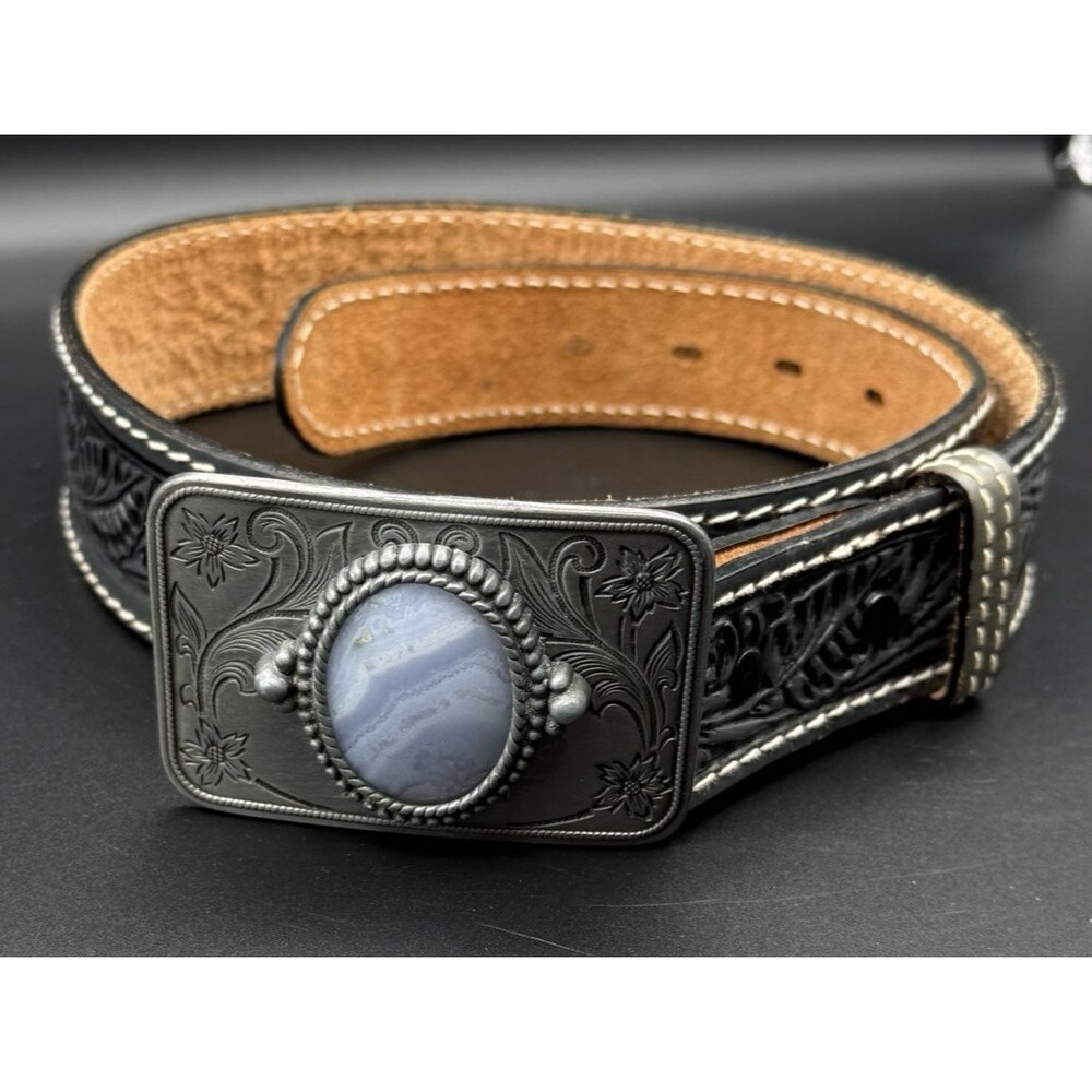 Vtg Tory Black Western Leather Belt Agate Removable Buckle Sz 32 USA Cowhide